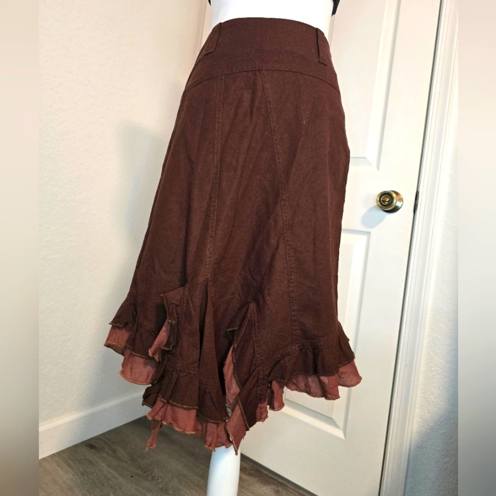 PROMOD Elegant Chocolat Brown Linen Ruffled Skirt. Size S, NWT